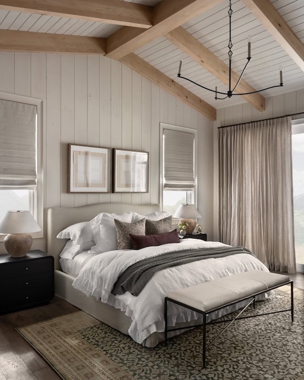 Neutral Bedroom Color Ideas. color, palette, paint color scheme, bright, relaxing, cozy, elegant, modern, transitional, farmhouse design style decor ideas, wood beams, earthy color, white, beige