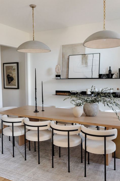 Neutral Modern Organic Dining Room Ideas. Color palette, color scheme, paint colors, cozy, elegant, dining table, dining chairs, pendant lights, modern, transitional, minimal, simple, farmhouse, design decor ideas