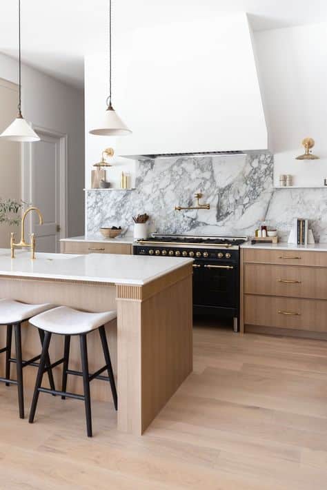 Modern White and Wood Kitchen Color Scheme - white walls, marble backsplash, light wood kitchen island, minimalist, modern organic, transitional, color palette, decor ideas, clean lines, simple