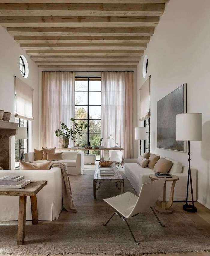 Elegant Living Room Decor Ideas. neutral, cozy, contemporary, classy, wall color, color scheme, wood beams, black lamps, modern organic