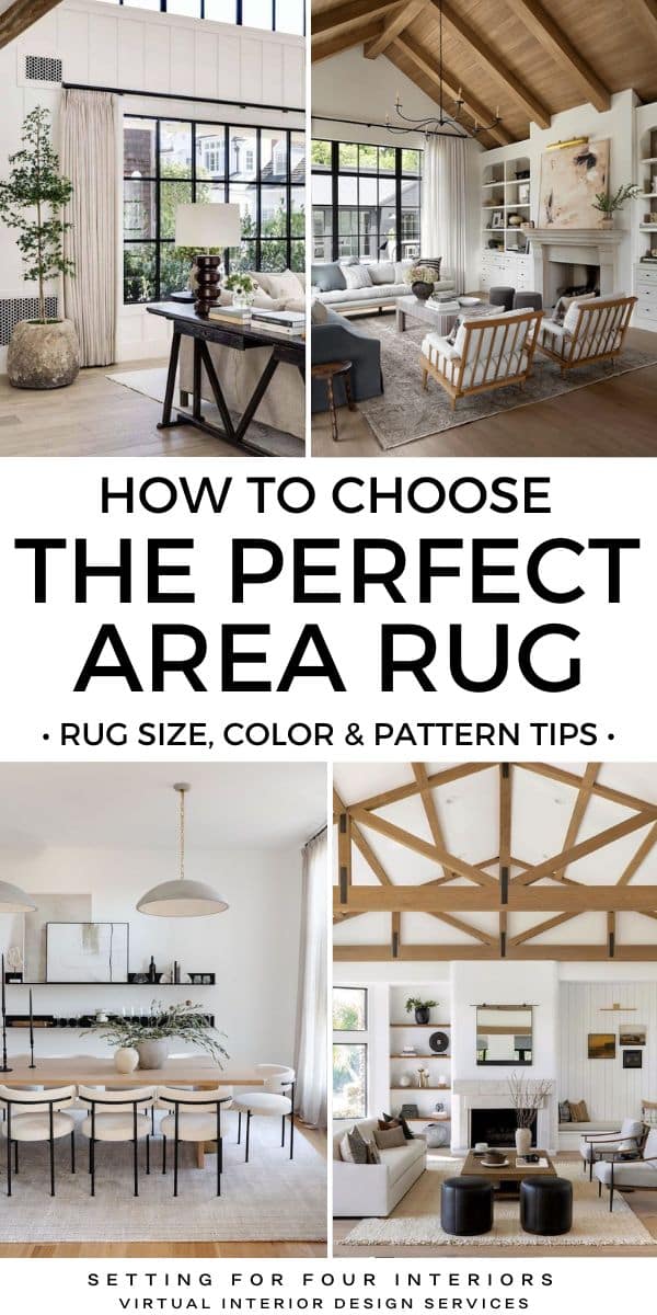 How to choose the perfect area rug for your living room, bedroom, dining room. Pick the right rug size, color, pattern for your home. rug design rules. Interior design tips, tricks, rules. modern organic, transitional decor