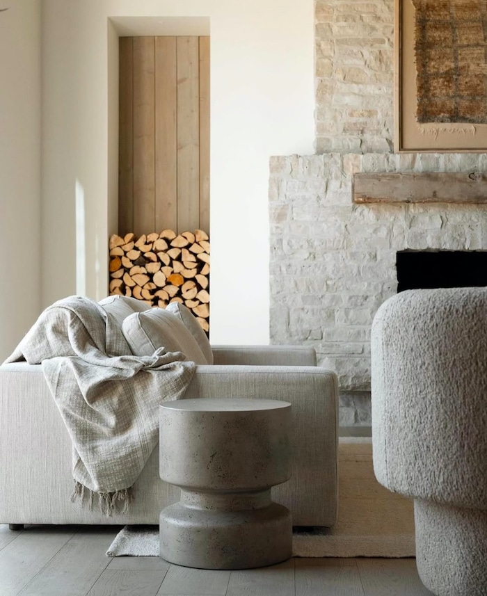 Neutral Cozy Living Room Decor Ideas. elegant, chair, stone fireplace, minimalist, transitional, modern, farmhouse, simple, color palette, decorations.