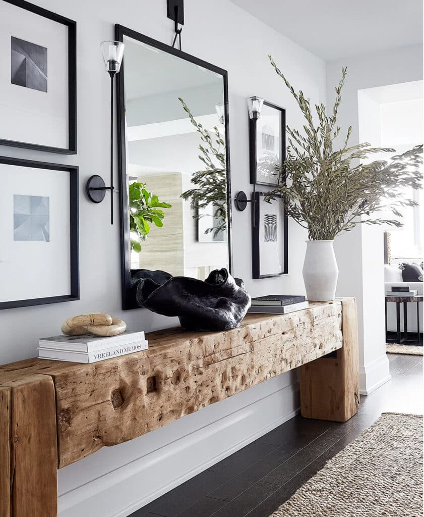 Neutral Classic Entryway Decor Ideas. entry, foyer, wood console table, transitional, minimalist, simple, modern farmhouse, white wall color, bright, simple