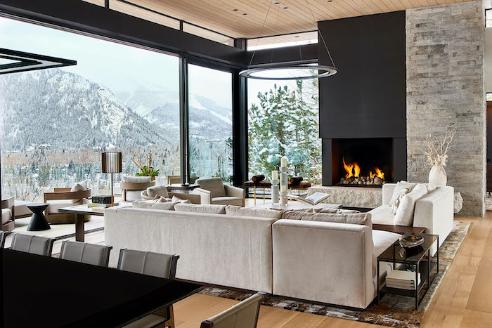 Neutral Living Room Inspiration - Decor and Design. modern, elegant, cozy, lodge, cabin, ski lodge, Airbnb, mountain home, luxury, nordic, vale, fireplace wall idea