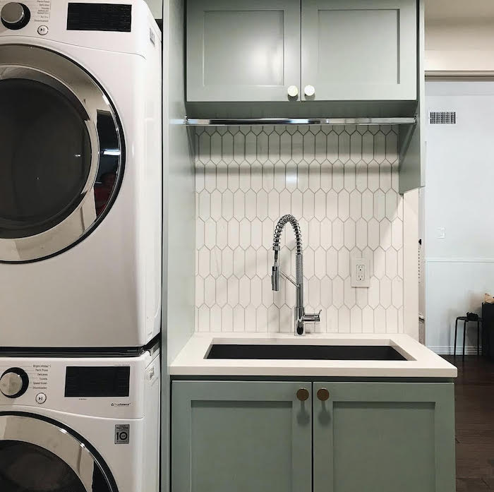 Sherwin Williams Quietude Laundry Room Cabinet Color. paint color scheme, color palette, mudroom, coastal, beach house, modern, transitional, stacked laundry machines, white and blue green, relaxing, calm, elegant, farmhouse, cottage
