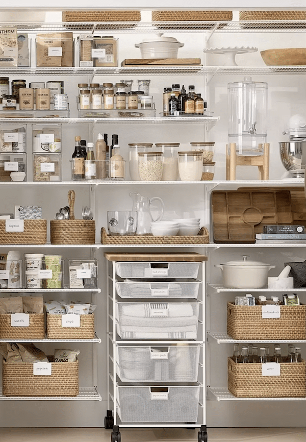 Easy Pantry Organization and Food Storage Ideas! pantry organization, kitchen organization, quick, simple, neutral, cozy, elegant, farmhouse, traditional, transitional, modern home inspiration, pantry baskets, food containers, pantry ideas for the home.