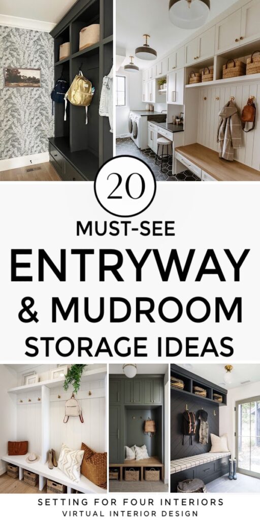 20 Must-See Entryway & Mudroom Storage Ideas. organization inspiration for backpacks, coats, shoes, hall tree inspiration, garage storage ideas, board and batten walls with hooks, bedroom storage ideas, modern, farmhouse, transitional, traditional, coastal, simple, easy, hall storage ideas from a Designer and True Color Expert