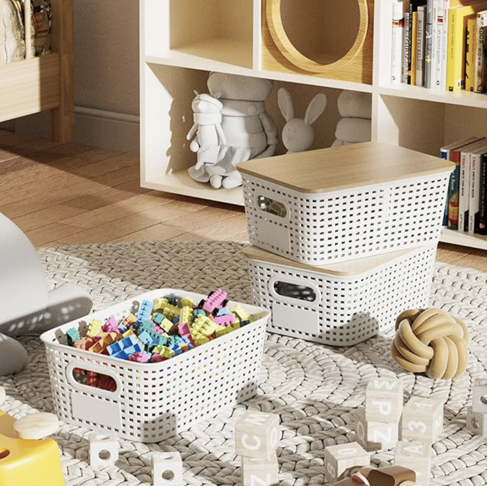 Aesthetic Neutral Baskets With Lids -Toy Storage Ideas, colors that coordinate with living room color palette, labels, bins, white and wood, lego storage idea, aesthetic, organization tips, for busy family life, kids toys, back to school tips, solutions for shared spaces, playroom,  kids room