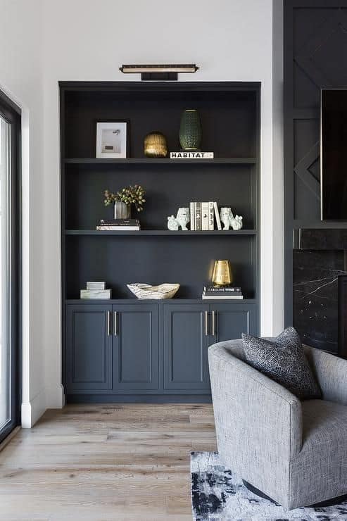 Stylish Living Room  Built Ins Bookshelf Decor and Organization Ideas, tv wall idea, styling bookshelves, black, tv fireplace, custom shelving, neutral color palette, shelf decor ideas, modern, minimalist, farmhouse, transitional home interior design inspo