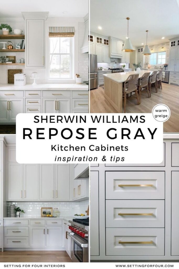 Pinterest graphic for Sherwin-Williams Repose Gray kitchen cabinets showing warm greige cabinet inspiration, brass hardware, white countertops, backsplash, and real kitchen examples