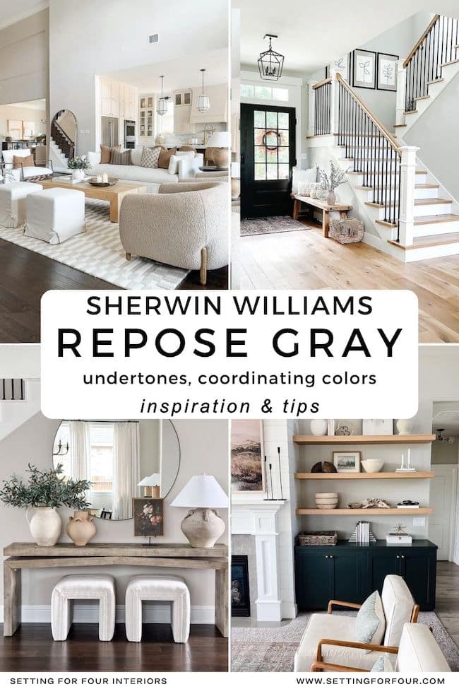 Pinterest graphic for Sherwin-Williams Repose Gray showing undertones, coordinating colors, inspiration, and tips with entryway, living room, console table, and built-in cabinet examples