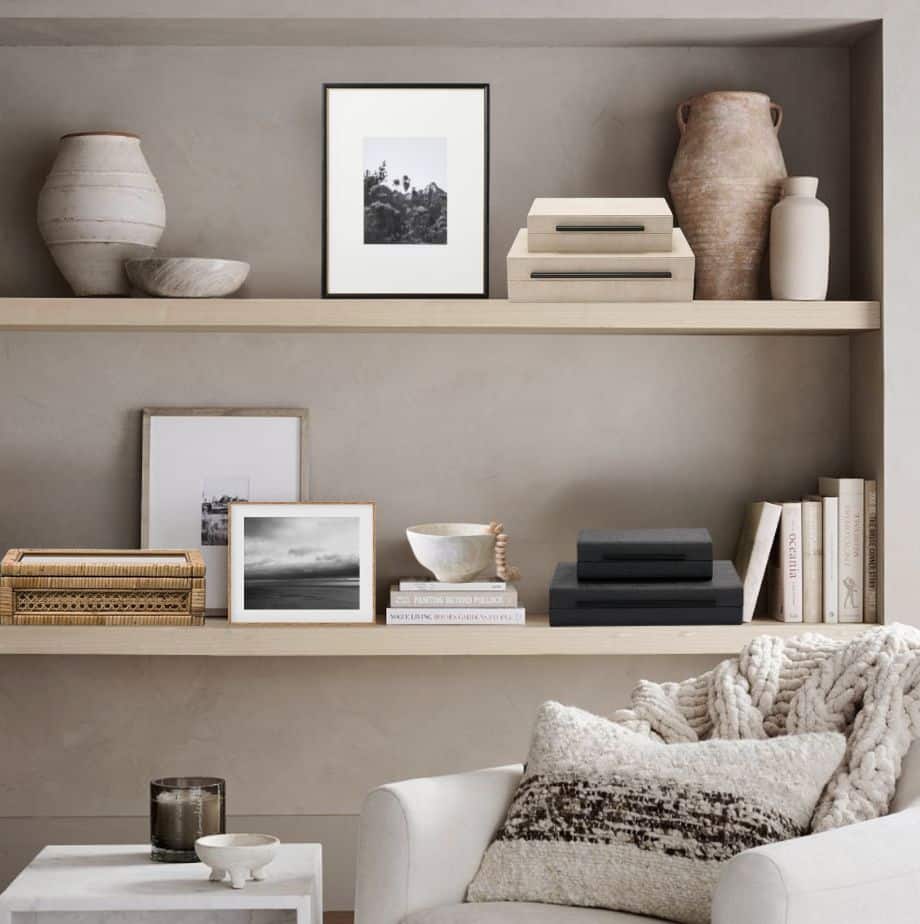 How To Decorate Floating Shelves - Simple Tips, living room display, decorating ideas, shelf decor, neutral, modern, transitional, farmhouse, traditional, minimalist, display books, display framed family photo ideas