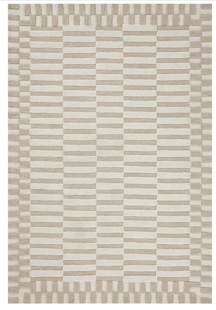 Stylish Neutral Area Rug - Classic Striped Area Rug For The Living Room, Bedroom and Bathroom, Patio. beige, ivory, timeless, neutral color scheme. Designer rug for less. modern, transitional, traditional, minimalist, beige, cozy, elegant home inspiration, pet friendly, kid friendly, high traffic