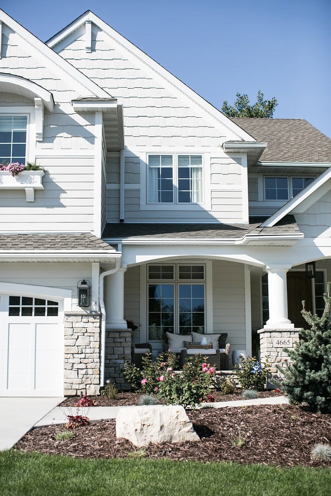 Benjamin Moore Edgecomb Gray Exterior Paint Color Inspiration. greige paint color idea, neutral color scheme, timeless exterior siding paint color, 2025 color trend, interior design inspiration, new home build color palette, painting ideas, designer and true color expert tips