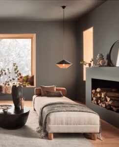 Sherwin Williams Urbane Bronze Living Room Color Palette Inspiration, earthy, brown, 2025 color trend, design trend, moody color scheme, wall color, painting ideas, color drenching, ceiling color, modern, transitional, farmhouse home inspiration, designer and true color expert tips.