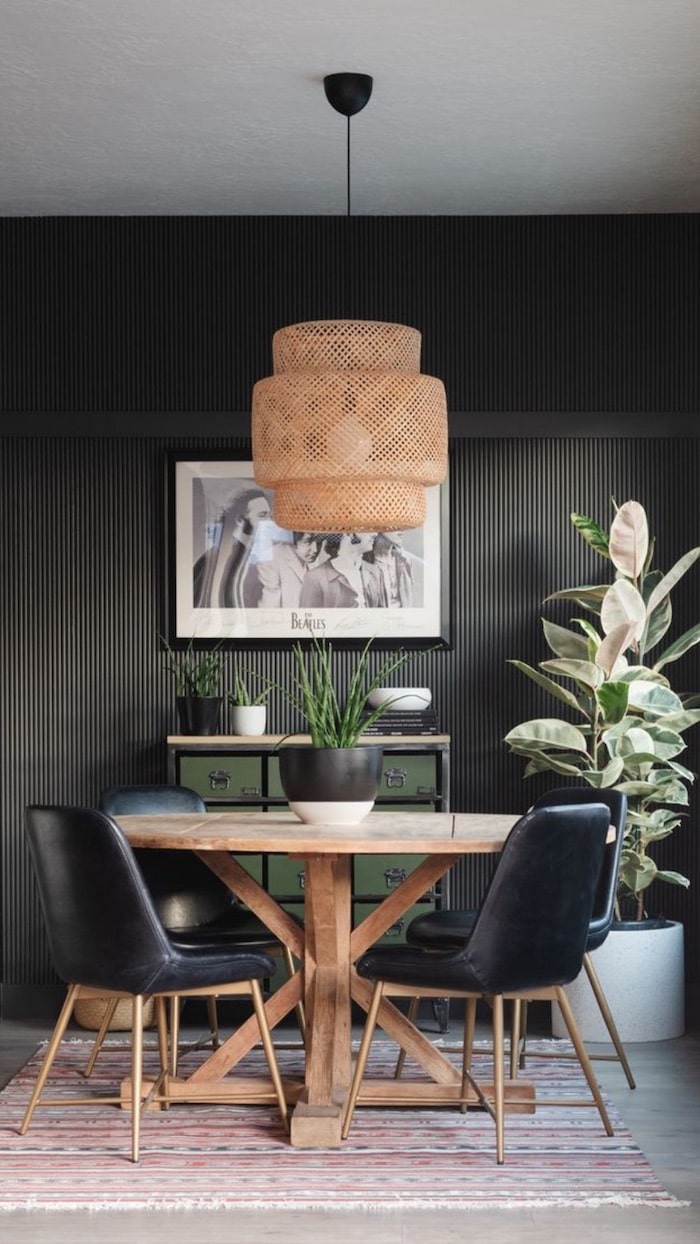 Sherwin Williams Urbane Bronze Dining Room Paint Color Inspiration. cozy, elegant, modern dining room with round dining table and upholstered chairs with a rattan pendant light and fluted wall details. organic modern, transitional, farmhouse, mid century modern, traditional, neutral color palette and colour scheme ideas.