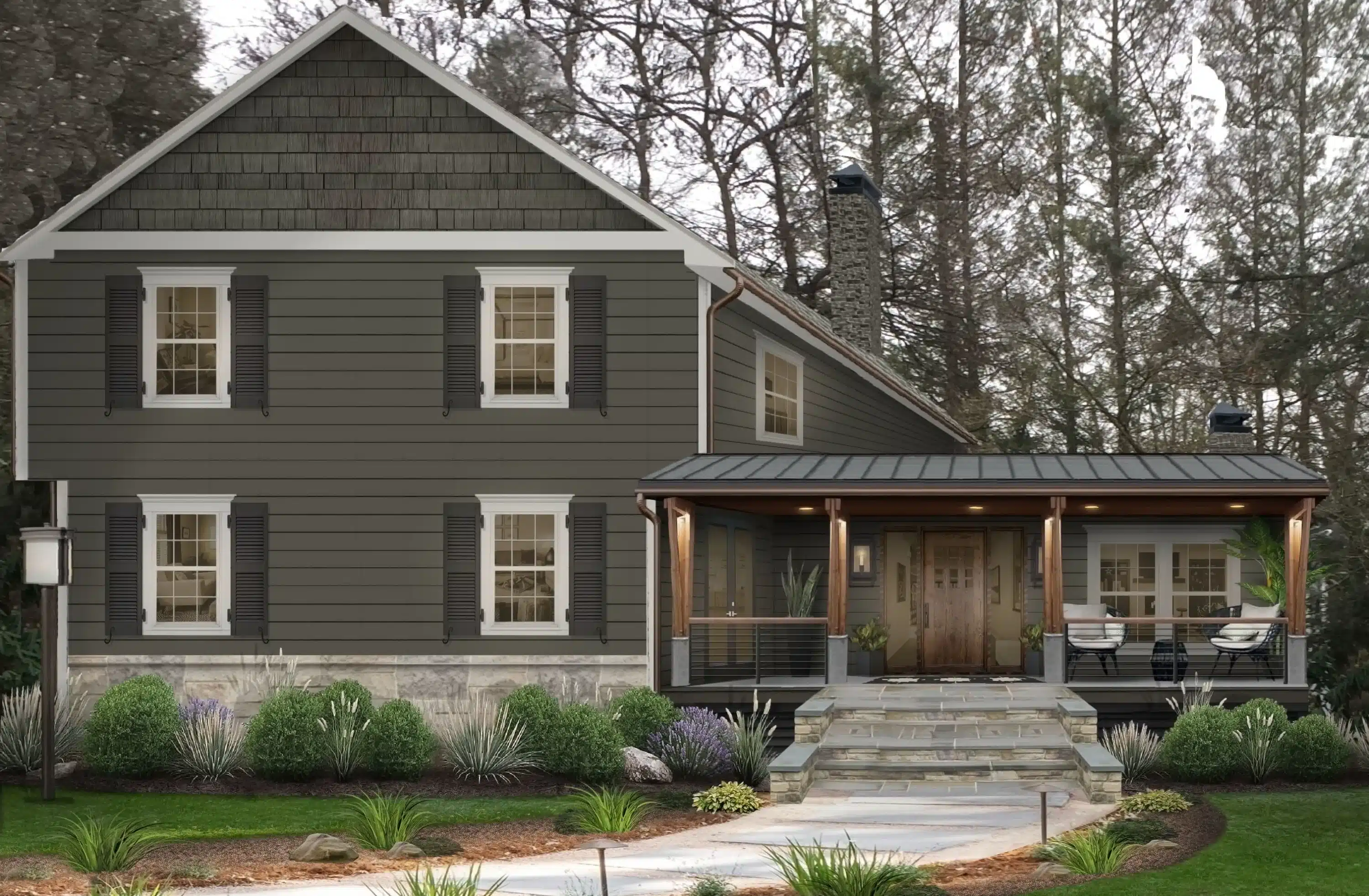 Sherwin Williams Urbane Bronze Exterior Siding Paint Color Inspiration. exterior color palette idea with neutral, earthy, dark brown siding and white window trim for a traditional, farmhouse, transitional home
