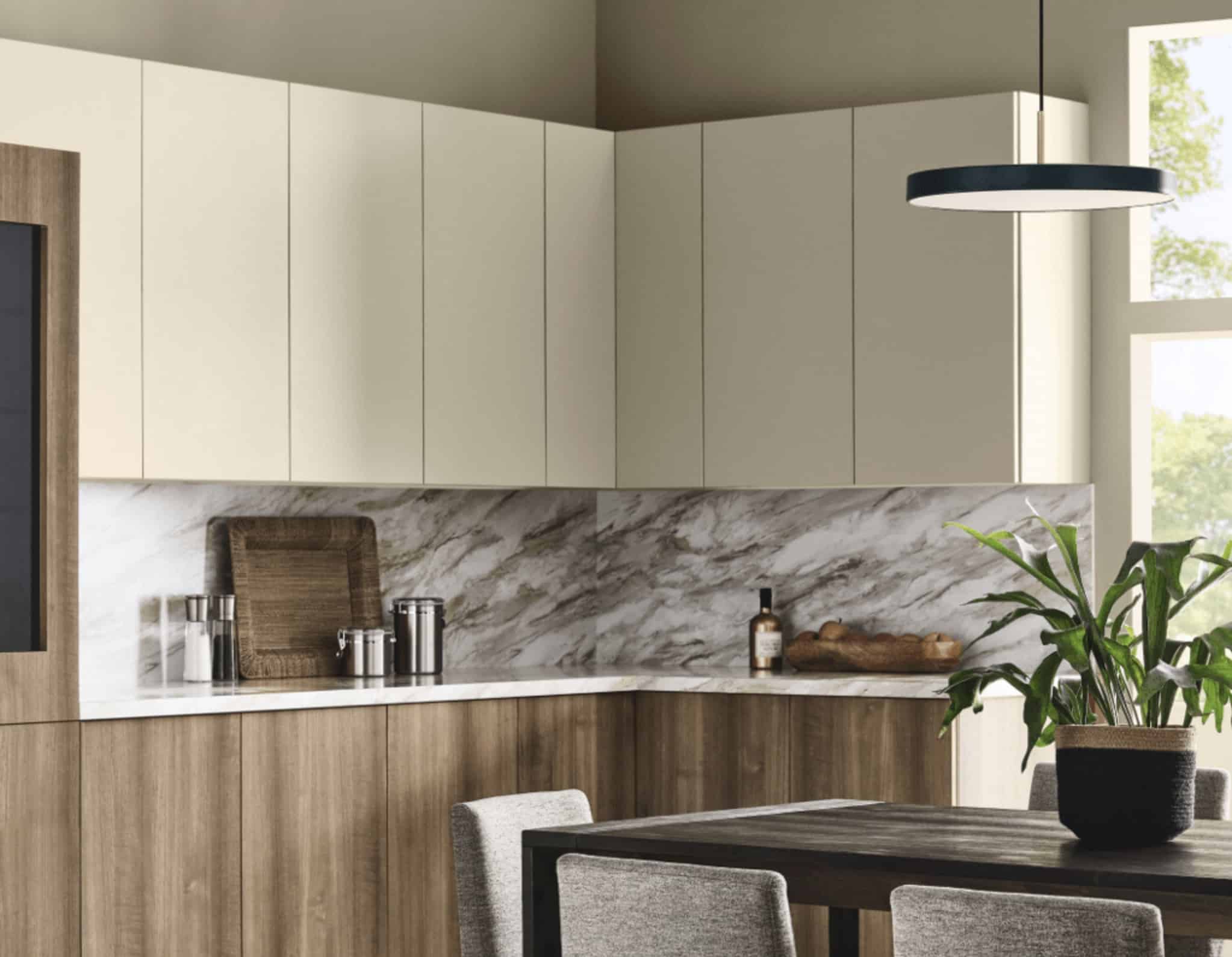 Sherwin Williams Universal Khaki Kitchen Cabinet Paint Color Idea. professional color advice from a True Color Expert and Designer, neutral color palette, earthy color scheme, warm, cozy kitchen countertop decor, quartz slab backsplash, wood cabinet color idea