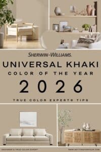 Sherwin Williams Universal Khaki Color Of The Year 2026 - color tips from a True Color Expert and Designer at Setting For Four Interiors, color undertones, coordinating colors, room photo inspiration for a cozy, neutral home, 2026 design trend, color palette idea