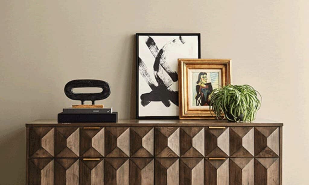 Sherwin Williams Universal Khaki Wall Color Inspiration, cabinet sideboard, decor inspiration, earthy color palette, neutral paint color