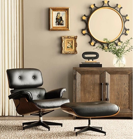 Modern Beige Living Room Color and Decorating Ideas, 2026 design trend, color advice from a True Color Expert, living room leather armchair with ottoman, dark brown wood sideboard cabinet, round miror and neutral rug