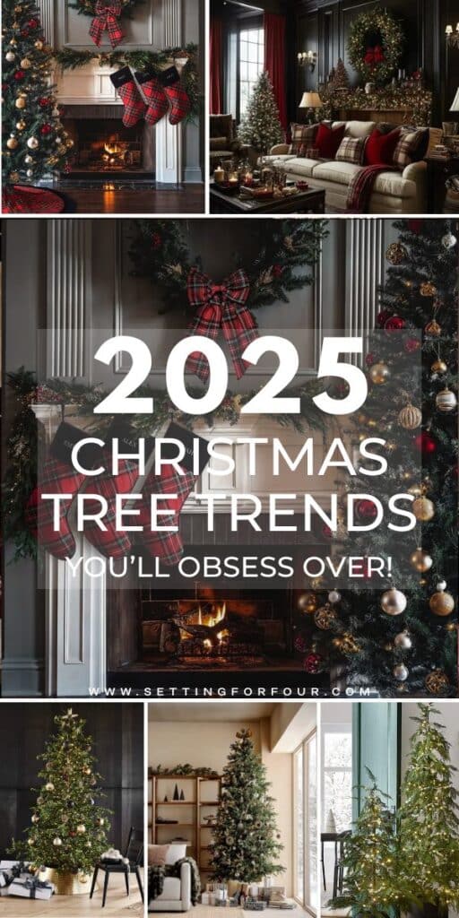 2025 Christmas Tree Trends You'll Obsess Over- Expert Design Advice. popular, viral tree, holiday tree decor inspiration, Christmas living room decorating ideas, organic modern, transitional, Ralph Lauren style, Christmas tree themes, metallic, minimalist, interior design