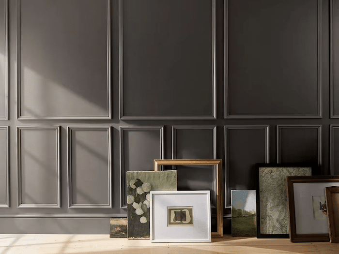 Benjamin Moore Color Of The Year 2026 Silhouette, moody, earthy, brown, paint color idea, gray brown walls with molding, cozy, classy, luxury, modern, minimalist, interior design