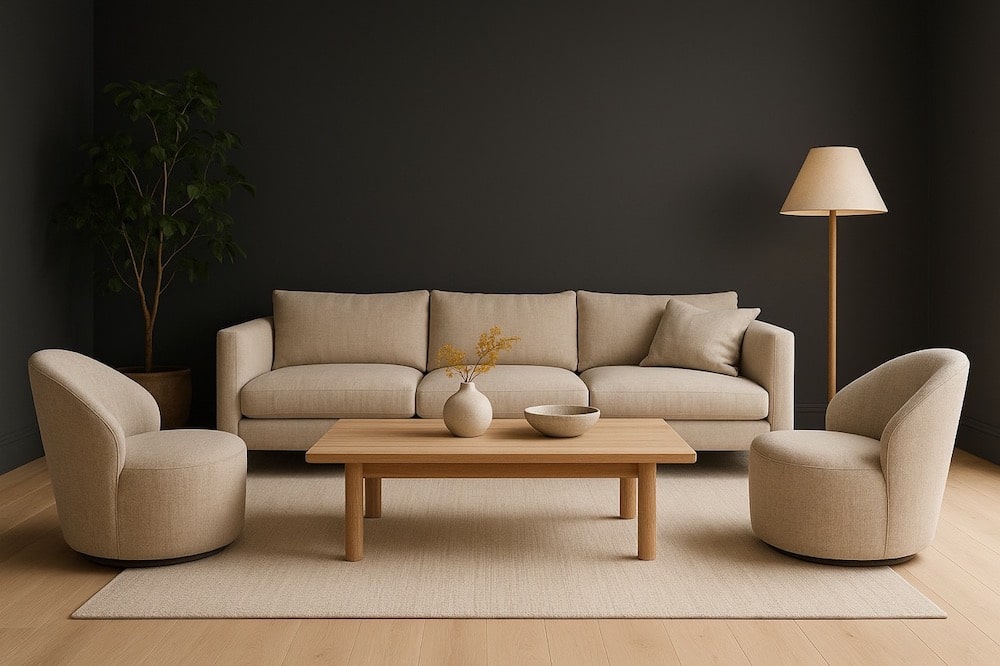 Organic Modern Living Room Neutral Color Palette, decorating ideas, beige sofa with 2 chairs and coffee table living room furniture arrangement idea, dark, cozy, earthy color scheme, 2026 design trend