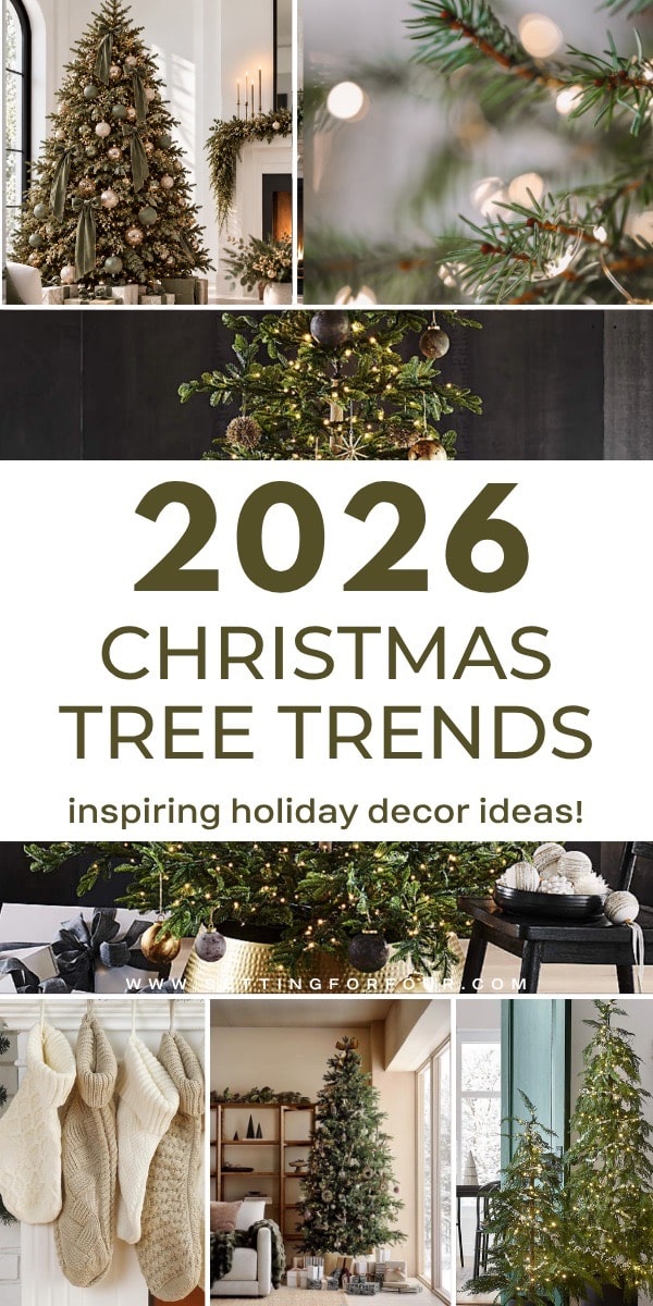 2026 Christmas tree trends Pinterest collage featuring elegant Christmas trees decorated with velvet ribbons, neutral ornaments, warm white lights, natural greenery, and luxury Organic Modern holiday decor.
