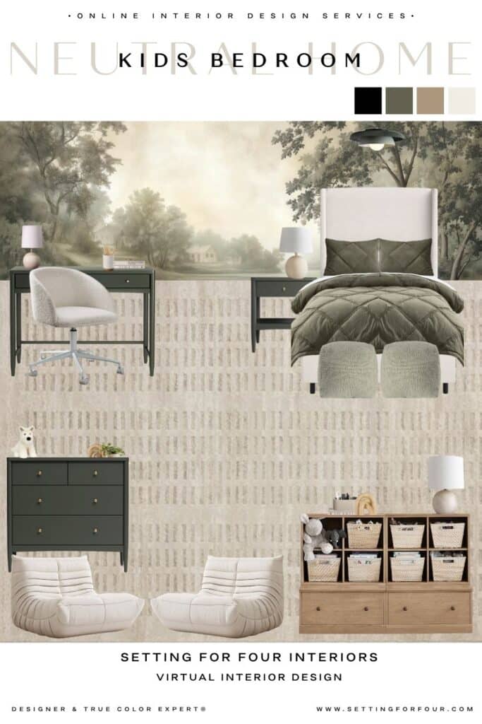 Cozy Kids Bedroom Inspiration & Decor Ideas from a Designer and True Color Expert, neutral, nature, simple, minimalist, space, toy storage ideas, kids room design, modern, luxury, transitional, farmhouse, minimal, pottery barn kids, crate & barrel style, wall art idea wall mural forest scene, unisex, boys room ideas, girls room ideas