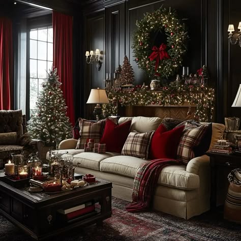 Ralph Lauren Christmas Trend Living Room Decor Ideas, tartan, green, red, blue, plaid, Christmas tree decor ideas, Ralph Lauren holiday mantel decorating inspiration, beige sofa with red velvet and plaid pillows, cozy, elegant