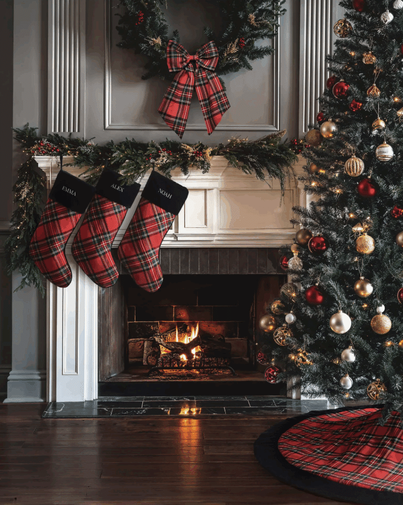 Ralph Lauren Christmas Decor Trend For 2025, Christmas tree theme, holiday decorating ideas, plaid, tartan, traditional, luxury, moody, red and green tree decor inspiration