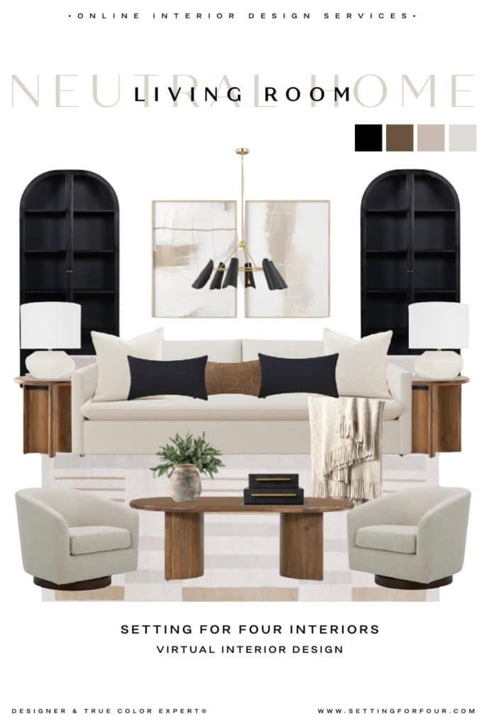 Neutral Living Room Mood Board - design and decor ideas from a Designer and True Color Expert offering Virtual Interior Design Services at Setting For Four Interiors. Organic modern, transitional home inspiration for new home builds, room renos and room updates.