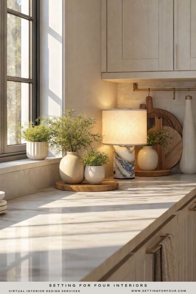 Cozy Kitchen Decor Ideas For The Home, kitchen countertop decor ideas with a lamp, trays, wood cutting boards, greige kitchen cabinet color, beige, mushroom, modern, transitional home, new build home ideas, 2026 trends