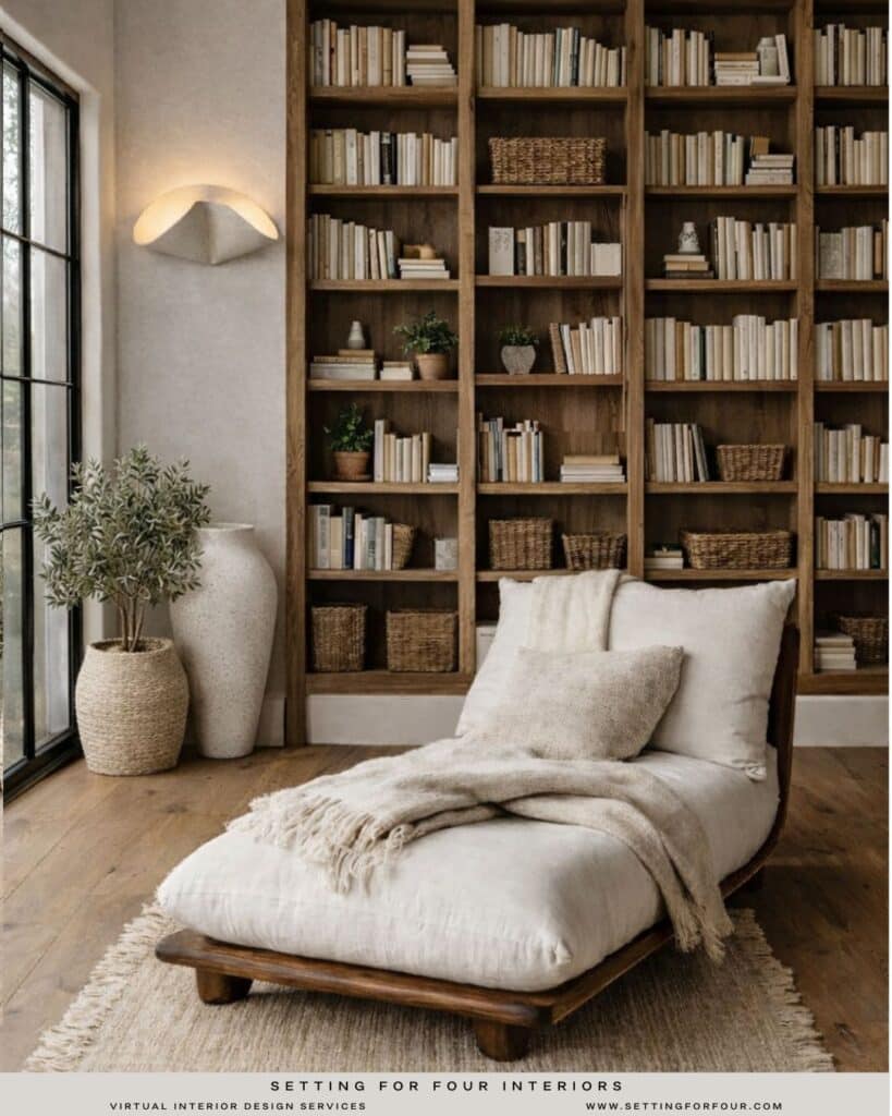Cozy Living Room Nook With Bookshelves Idea, bookshelf decorating ideas, wall sconce, chaise chair, neutral color palette, earthy, beige and brown, 2026 interior design trend, Nancy Meyers style, Pottery Barn aesthetic, 