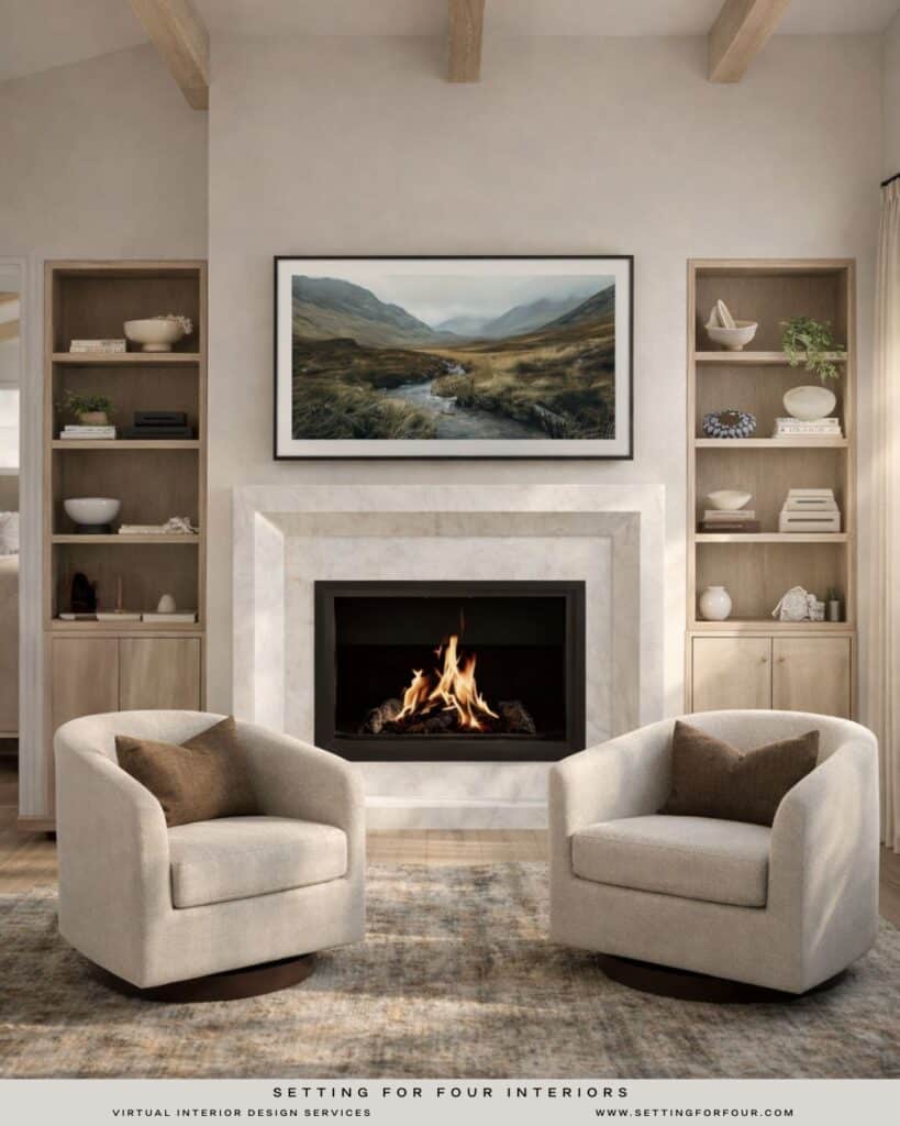 Cozy Living Room With A Fireplace and Swivel Chairs, built in bookshelf decor ideas, Samsung the frame tv over fireplace, earthy color palette, modern, transitional, minimalist, 2026 design trends, Nancy Meyers aesthetic, Pottery Barn style, living room furniture arrangement idea
