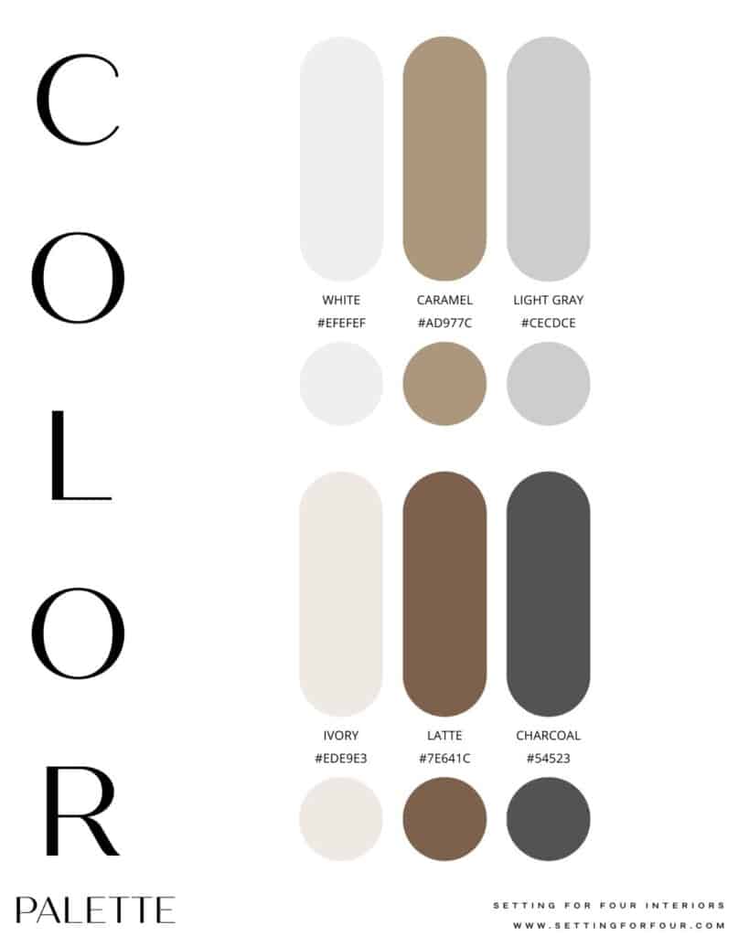 Neutral Earthy Whole Home Color Palette Idea, moody and light color scheme, modern, minimalist, transitional, 2026 design trends, primary bedroom color inspiration, living room colors, hire us for virtual interior design with a Designer and True Color Expert at Setting For Four Interiors