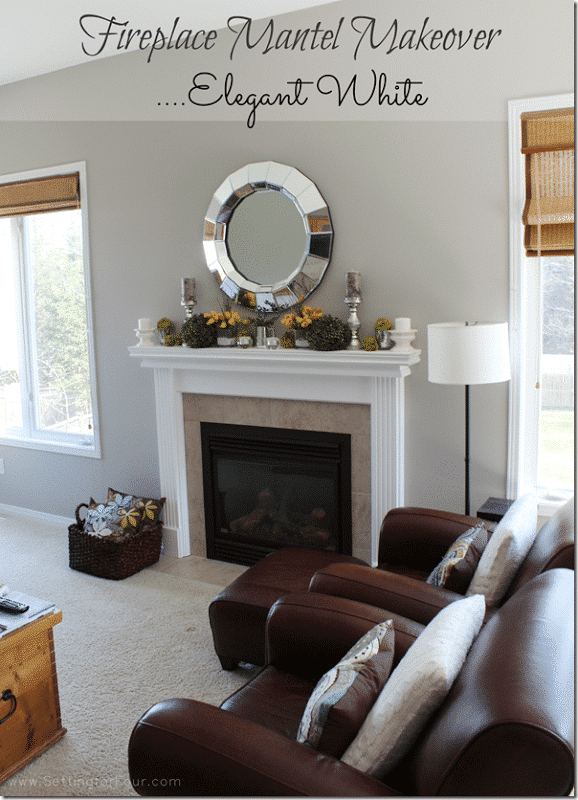 Looking for easy fireplace makeover ideas? See how paint transformed a dated orange-brown wood mantel into a fresh white fireplace mantel. Get the step-by-step tutorial, supply list, paint color and designer tips for painting a wood fireplace mantel for a beautiful, durable finish.
