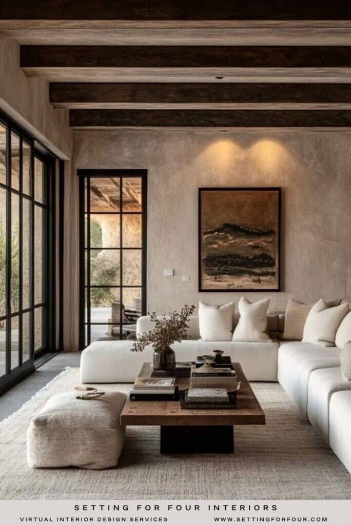 Cozy, Earthy Living Room With Sectional Sofa with wood coffee table, organic modern, minimalist, home idea, 2026 trends, coffee table decor, earthy, neutral color palette, black windows, wood beams, Nancy Meyers aesthetic