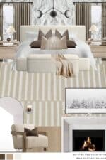 Cozy Neutral Bedroom Mood Board and Decor Ideas: Relaxing Aesthetic, bedroom interior design inspiration, neutral color palette, 2026 design trends, moody, earthy, transitional, minimalist, upholstered bed, Pottery Barn style, Crate & Barrel aesthetic, hire us for virtual interior design with a Designer and True Color Expert at Setting For Four Interiors