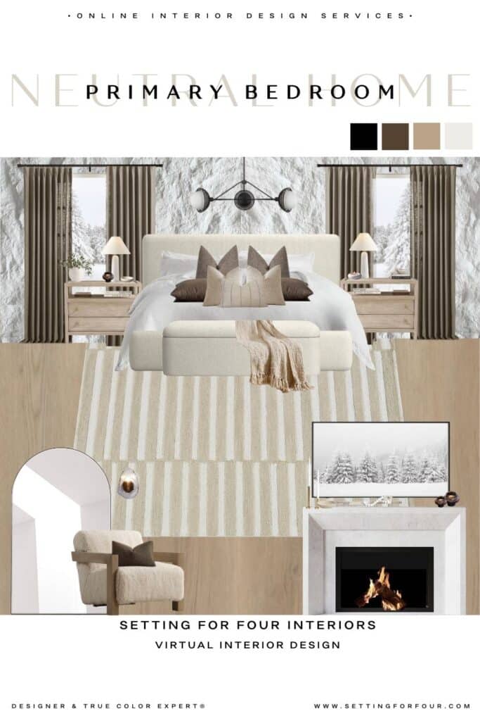 Organic Modern Bedroom Mood Board and Decor Ideas: Calm & Cozy Aesthetic, bedroom interior design inspiration, neutral color palette, 2026 design trends, moody, earthy, transitional, minimalist, upholstered bed, Pottery Barn style, Crate & Barrel aesthetic, hire us for virtual interior design with a Designer and True Color Expert at Setting For Four Interiors