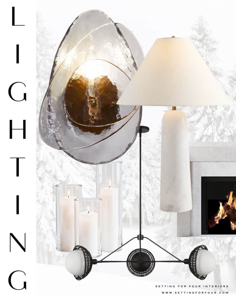 Cozy, Stylish Lighting Ideas For The Modern Home, wall sconce lights, marble table lamp, black chandelier, candle votives, marble quartz fireplace surround idea, organic modern, transitional, minimalist, 2026 design trends, hire us for virtual interior design with a Designer and True Color Expert at Setting For Four Interiors
