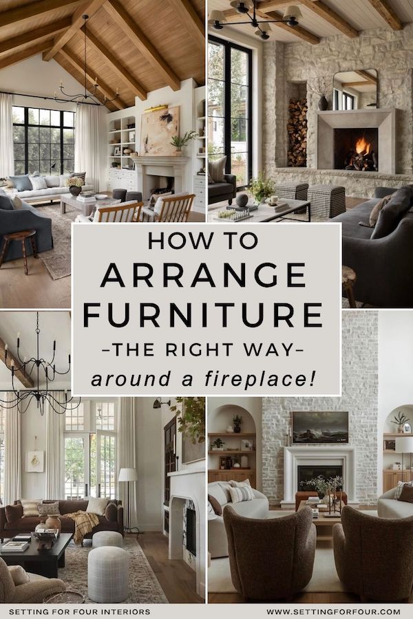 Living room furniture arrangement with a fireplace, featuring cozy neutral living room layout ideas, fireplace focal point styling, and great room furniture placement inspiration.