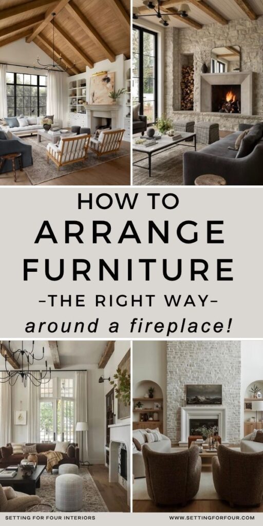 Living room furniture arrangement around a fireplace, featuring cozy neutral living room layout ideas, fireplace focal point styling, and furniture placement inspiration.