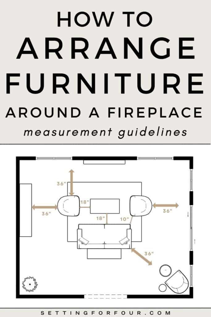 How To Arrange Furniture Around A Fireplace - measurement guidelines and design advice from a Designer and True Color Expert. Tips to place living room furniture with a fireplace, great room furniture layout ideas, best furniture layout plan for your home, furniture spacing and space planning, new home ideas, distance rules, room inspiration.