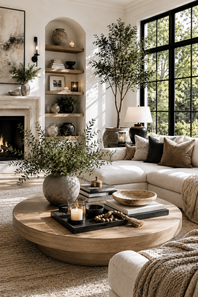 Neutral Living Room Decor Ideas, arch bookcase builtins with shelves, plaster fireplace design inspiration, art above a fireplace mantel, round coffee table decor ideas, sectional sofa, black trimmed windows, Restoration hardware style, Nancy Meyers style, neutral aesthetic, earthy, luxury, new home ideas, design trends