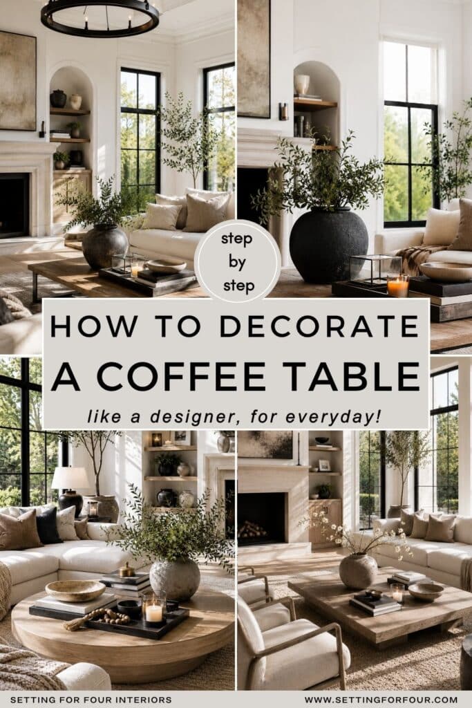 How to Decorate a Coffee Table Like a Designer, For Everyday. Step by step instructions for decorating a living room coffee table by a Designer and True Color Expert, interior design inspiration, 2026 design trends, beginner's guide, design lesson, modern, minimalist, transitional style, Pottery Barn style, Restoration Hardware look, neutral aesthetic, earthy, new home ideas