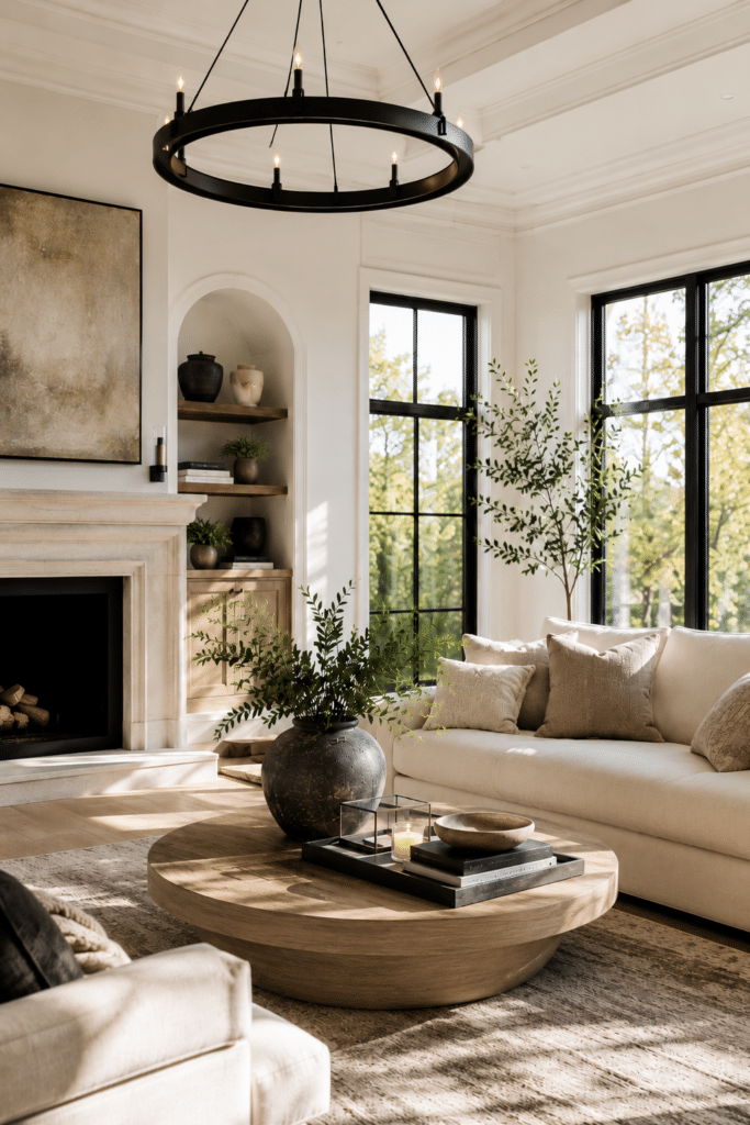 Neutral Living Room Decorating Ideas For Everyday, simple and easy living room decor inspiration, round coffee table decor ideas, vase with greenery, 2 sofas furniture arrangement, bookshelf styling ideas, black trimmed windows and white walls, with black chandelier and earthy color palette