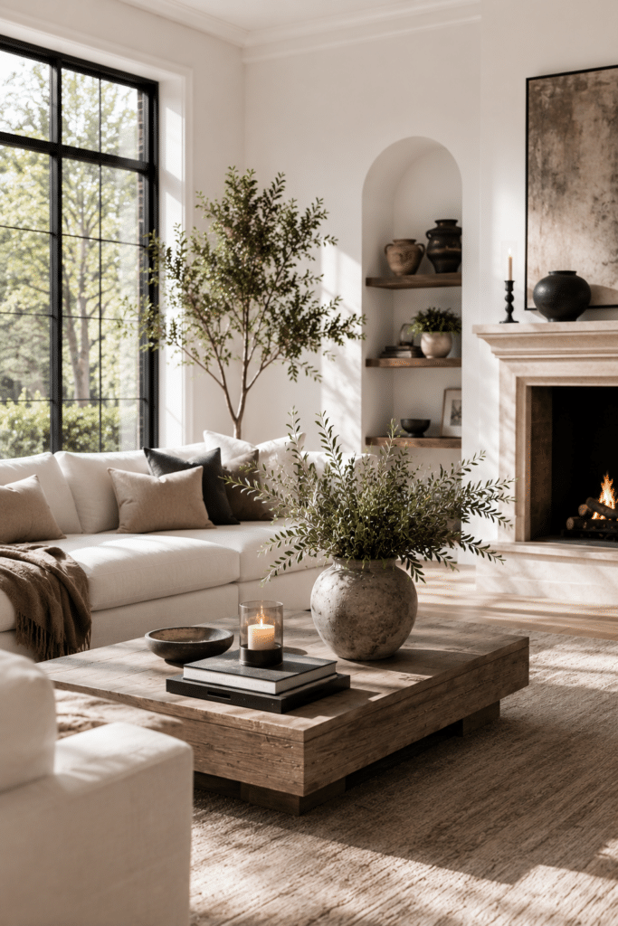 Modern Living Room Decor Ideas, arch bookcase builtins with shelves, plaster fireplace design inspiration, art above a fireplace mantel, square coffee table decor ideas, sectional sofa, black trimmed windows, vase with greenery, white walls, Restoration hardware style, Nancy Meyers style, neutral aesthetic, earthy, luxury, new home ideas, design trends