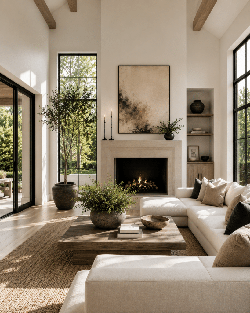 Stylish Modern Living Room Decor Ideas that are cozy and cohesive, neutral color palette, earthy, coffee table decor ideas with a square wood coffee table and a u shaped sectional sofa, texture, stone fireplace design idea, mantel decorating inspo, wood ceiling beams